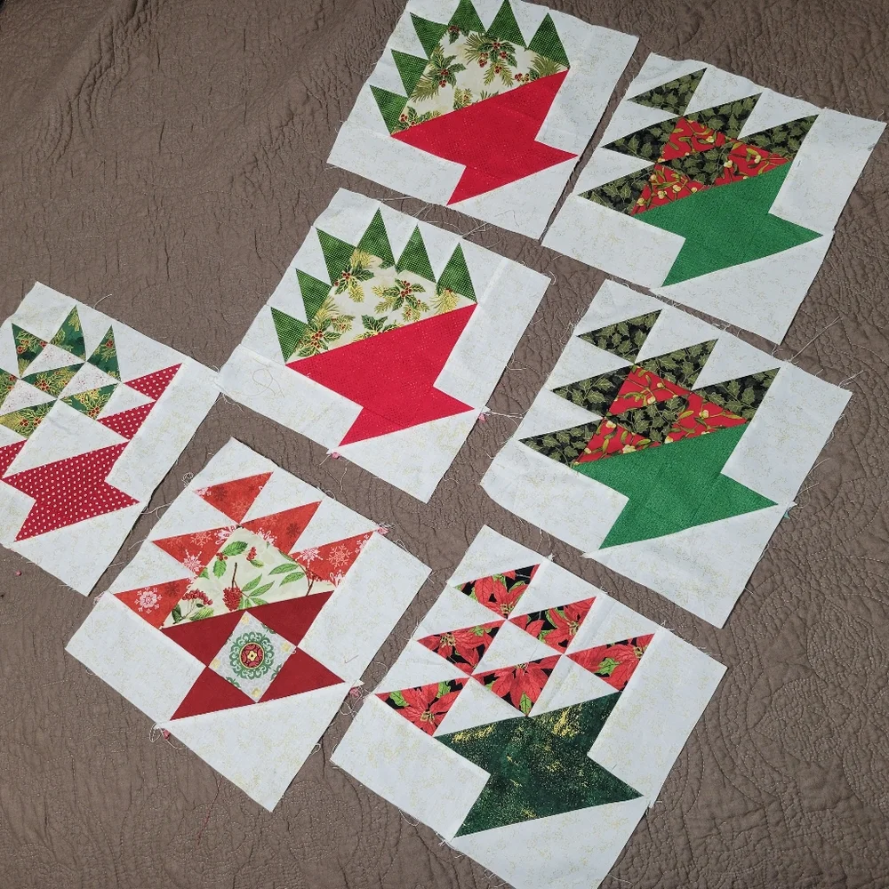 Set of 7 Holiday Quilt Squares holiday basket homemade block quilt squares